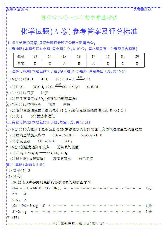 2012年德州市初中学业水平考试试题及答案 化学